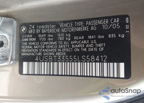 2005 BMW Z4 2.5I z USA, uszkodzony, nr VIN 4USBT33555LS58412